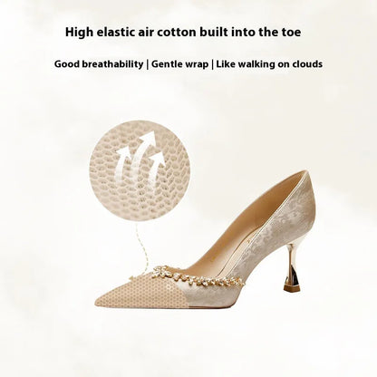 Chinese style satin wedding high heels with rhinestone detailing in champagne, green or silver