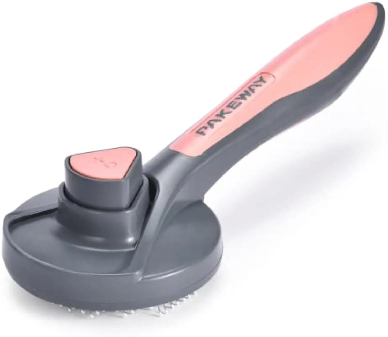 Self-cleaning slicker brush for cats and dogs with massaging bristles and comfort-grip handle