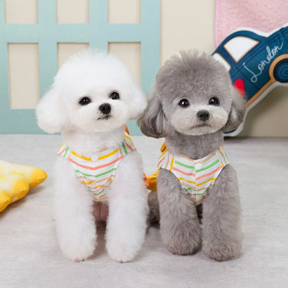 Orange and yellow striped patchwork cotton dog skirt shown in casual style