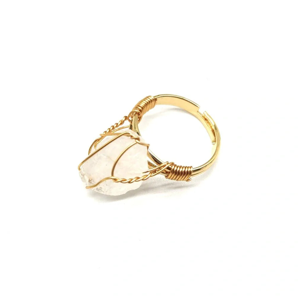 Adjustable hand-wrapped rough stone agate ring in various colours with ethnic design