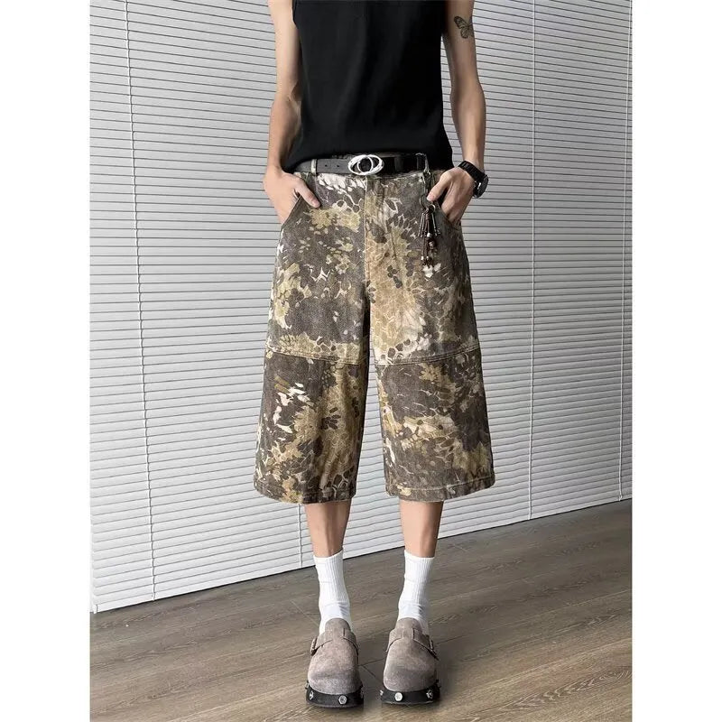 Yellow snake pattern tooling camouflage cropped jeans with 100% cotton denim, shown in sizes S to 3XL