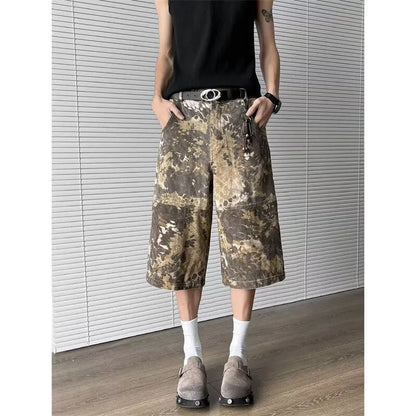 Yellow snake pattern tooling camouflage cropped jeans with 100% cotton denim, shown in sizes S to 3XL