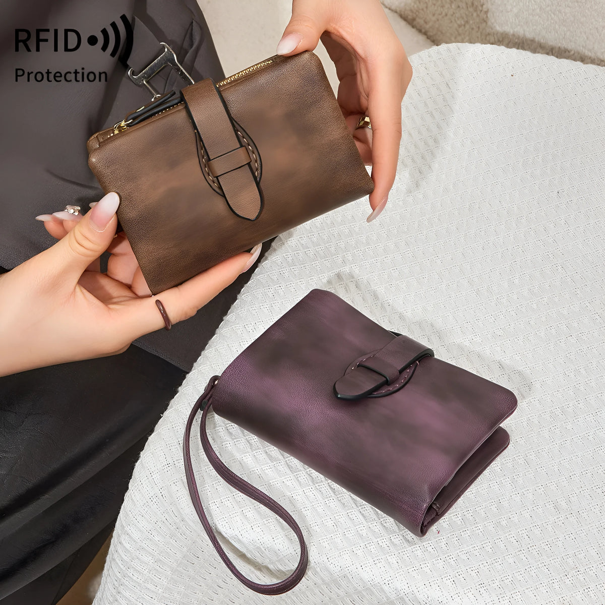 RFID women's short wallet in PU leather with sewing line detail, available in eight colours