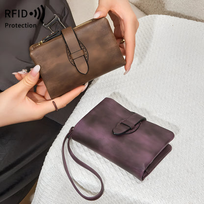 RFID women's short wallet in PU leather with sewing line detail, available in eight colours