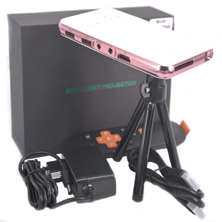 White and rose gold M6S miniature portable Android projector showing compact dimensions next to smartphone for scale