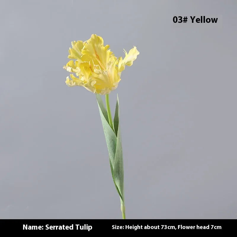 Artificial toothed tulip flower arrangement in yellow colour with soft rubber and PVC petals