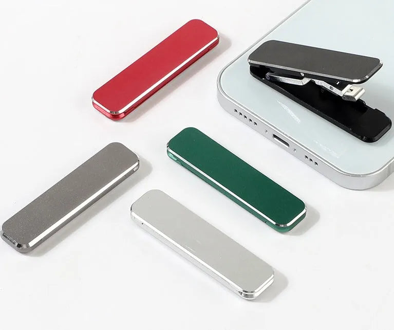 Aluminium folding mobile phone holder with backstick adhesive shown in black colour at 4mm thickness