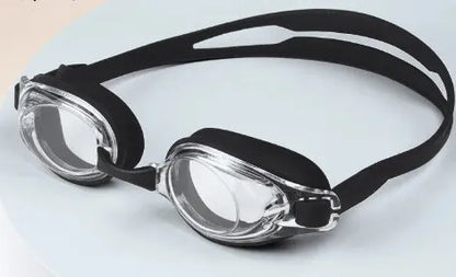 HD waterproof non-fogging swimming goggles in black, available in plain or myopia corrective versions with a case.