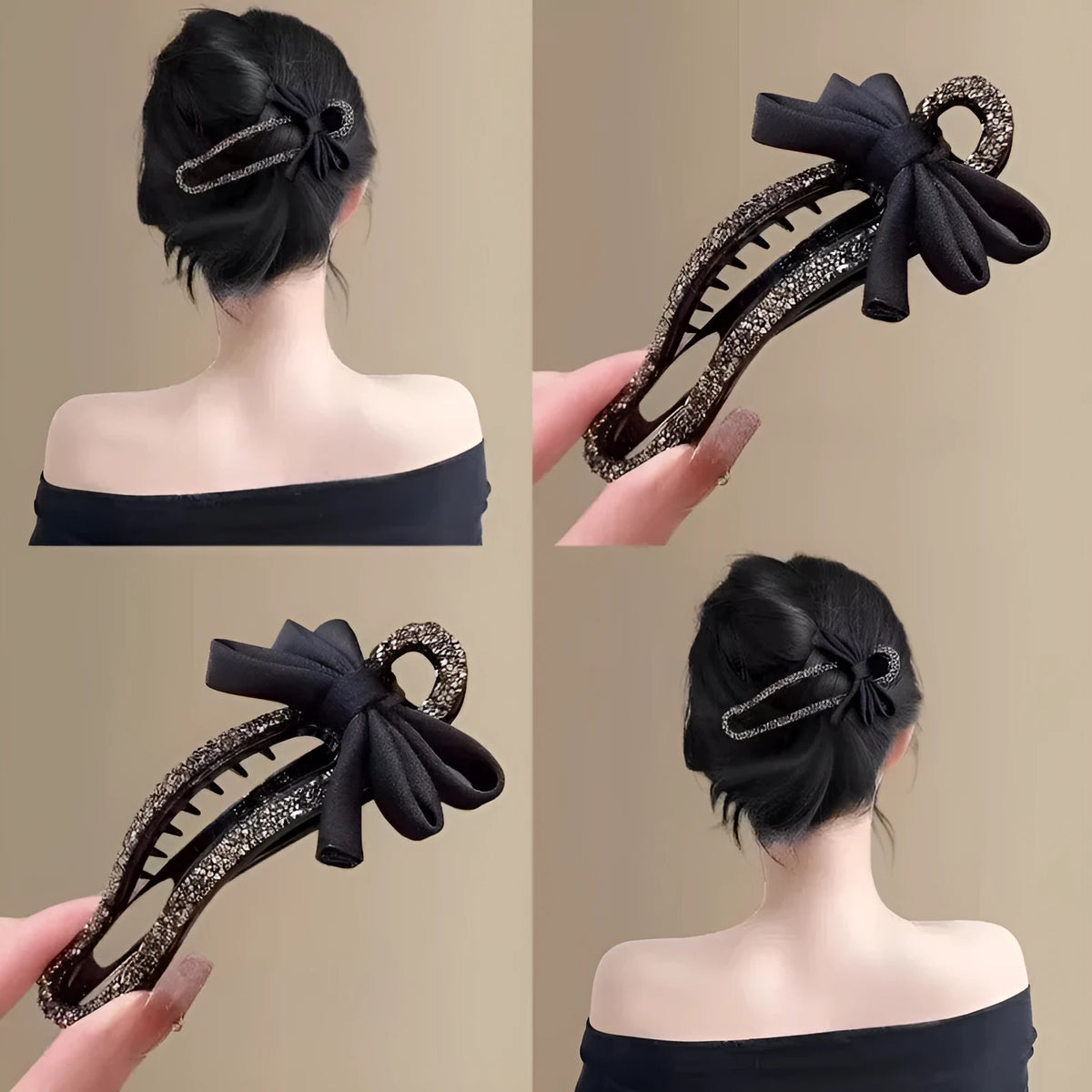 A black crystal bow on a clear 11.5cm long acrylic banana hair clip with bobby pin back.