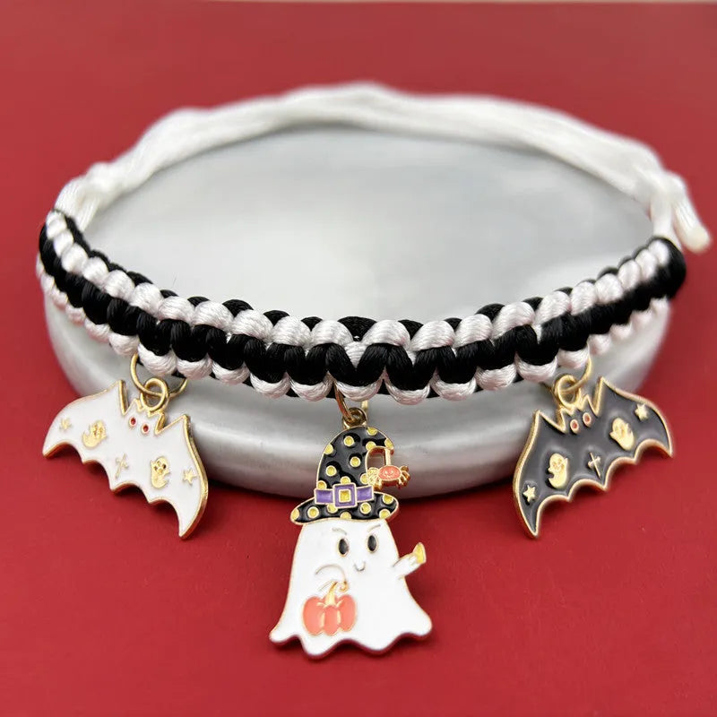 Halloween pet collar decoration with zinc alloy charms in pumpkin bat design on a black collar