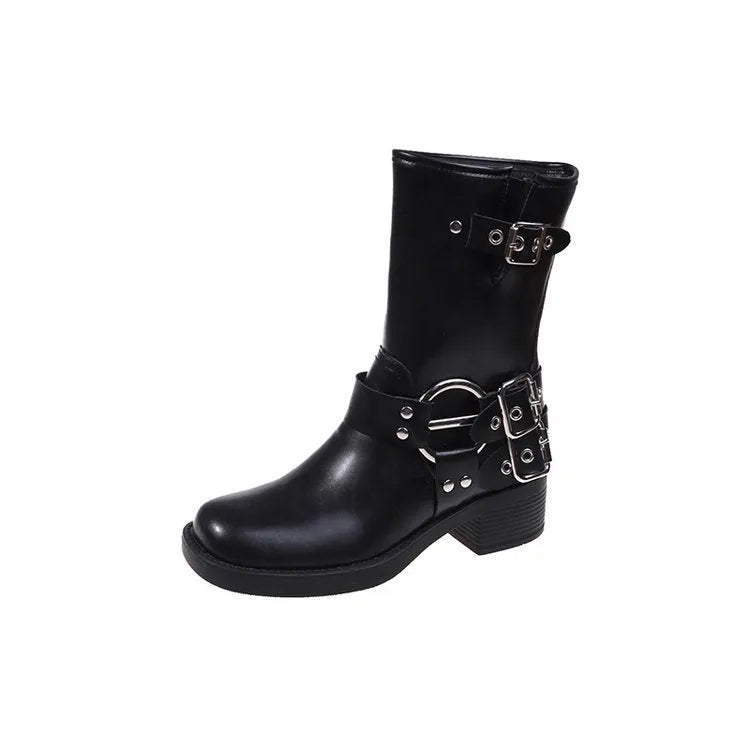 Women's black platform ankle boots with a silver buckle on the shaft, shown in a middle-calf length style.
