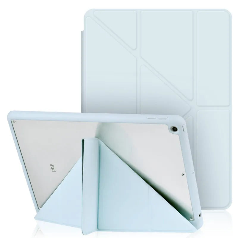 Y-folding imitation leather iPad case in dark grey, showing built-in stand and pen slot.