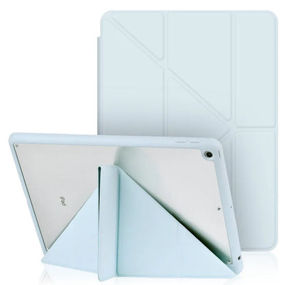 Y-folding imitation leather iPad case in dark grey, showing built-in stand and pen slot.