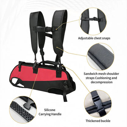 Black soft-sided Oxford cloth pet backpack for dogs and cats with colour accents, shown in backpack carry mode.