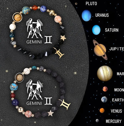 Two natural stone zodiac sign bracelets with adjustable cords showing hand-strung bead designs