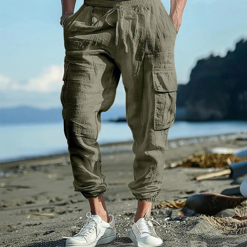Men's linen casual trousers with adjustable ankle ties and four pockets in khaki colour
