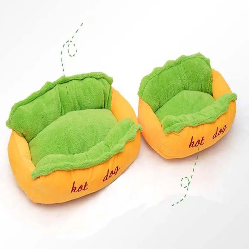 Brown sofa cushion style dog bed with removable mat, shown in a home setting.