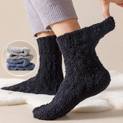Plush coral fleece socks in various colors, designed for cozy and comfortable home wear