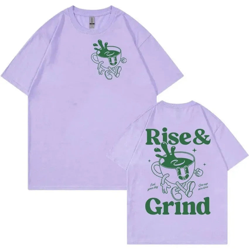 Men's loose grey linen t-shirt with a printed green coffee cartoon and 'Rise and Grind' text.