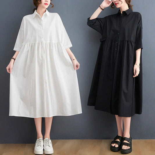Casual loose fit linen short sleeve dress for women in white and black