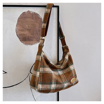 Women's large capacity woolen shoulder bag in brown with pendant attachment for autumn and winter use