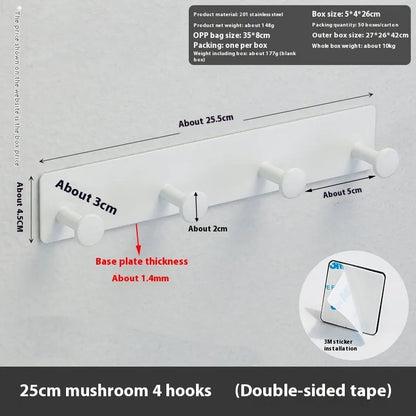 Adhesive wall hook with mushroom-shaped hooks in black or white, showing 5kg load capacity