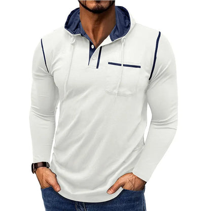 Man wearing a grey hooded henley long-sleeved t-shirt, showcasing the pullover style and cotton blend fabric.