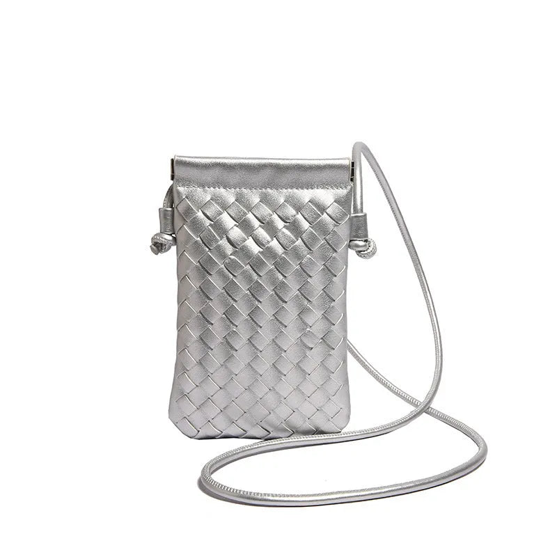Vintage weave crossbody phone bag in pu leather showing vertical square design and dark cell interior