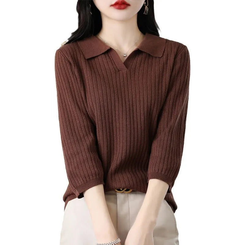 Women's loose slimming inner sweater with stripe pattern, long sleeves and pullover style, sizes S-2XL