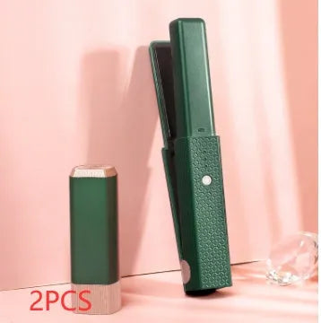 Pink and green portable USB hair straightener and curling iron 3-in-1 tool with compact design.
