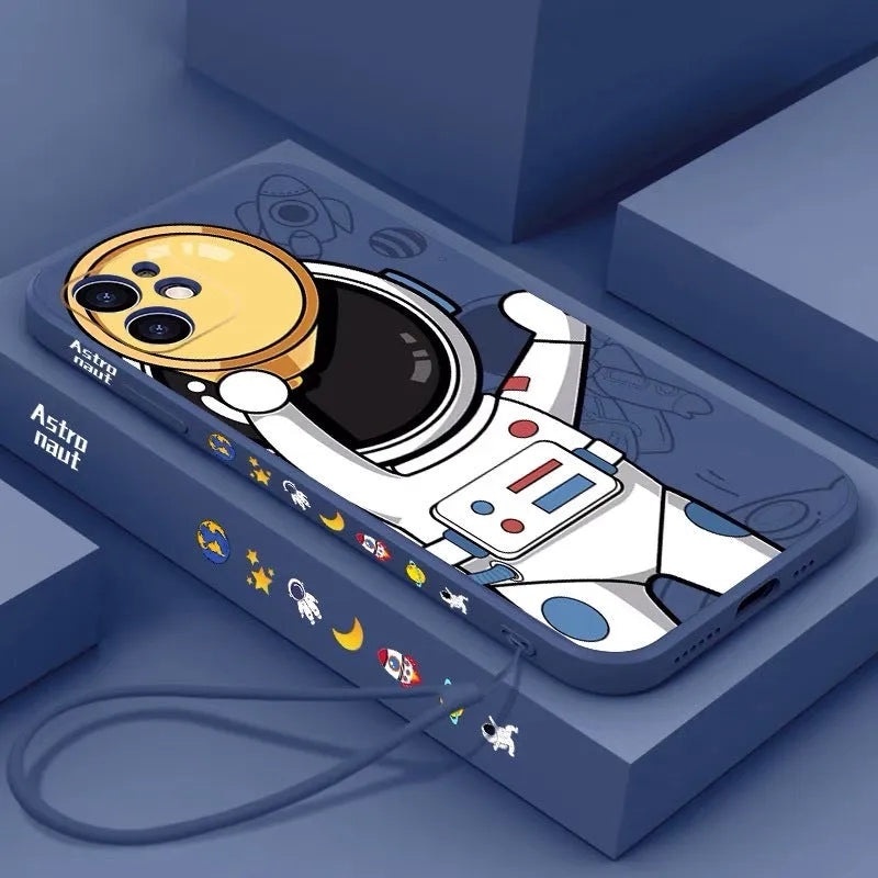 Silicone iPhone case with a cartoon astronaut and starry sky planet design.