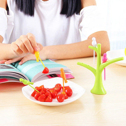 Kids' plastic fruit fork set with tree and birds design in various colours