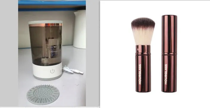 Grey and white portable electric makeup brush cleaner machine with USB charging cable