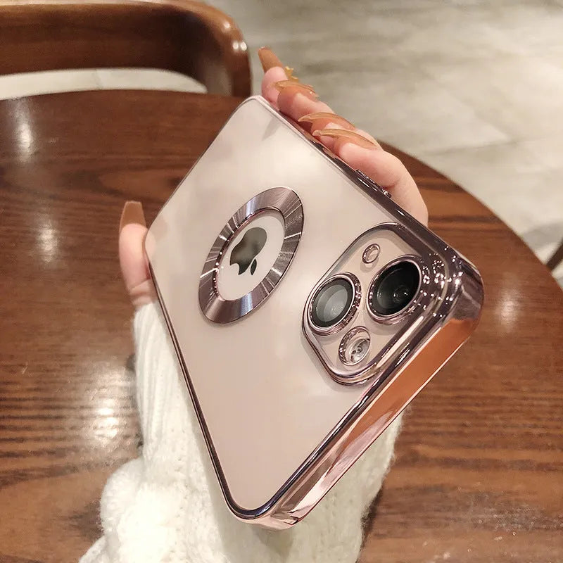 Electroplated silicone iPhone case with built-in camera lens protector shown in Far Peak Blue colour.