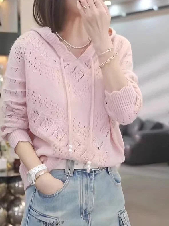 Women's white crochet hollow hooded longsuit undershirt with regular long sleeves and loose fit
