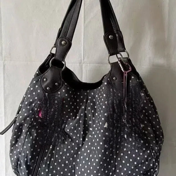 Retro polka-dot canvas shoulder bag with double shoulder straps, oval shape, soft polyester, patchwork stitching