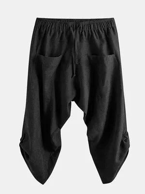 Chinese style hemp cropped trousers for men with printed ankle cuffs, loose fit, available in black, dark grey, green, red, yellow.