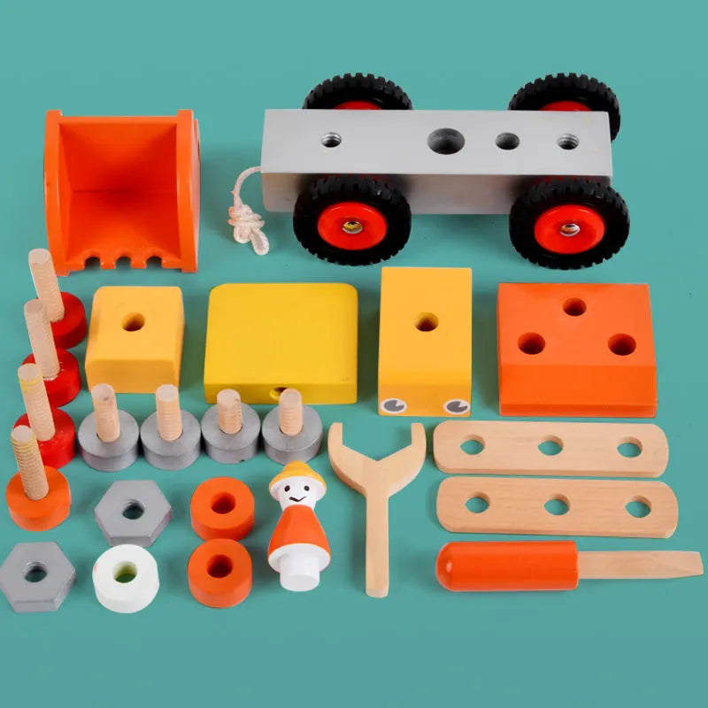 Wooden disassembling excavator toy for children 4-6, 23cm x 12.5cm x 18.5cm, educational construction vehicle in colour box