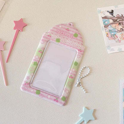 PVC cartoon meal card holder with clear sleeve, strawberry or four-leaf clover design, 7.6x13.6cm