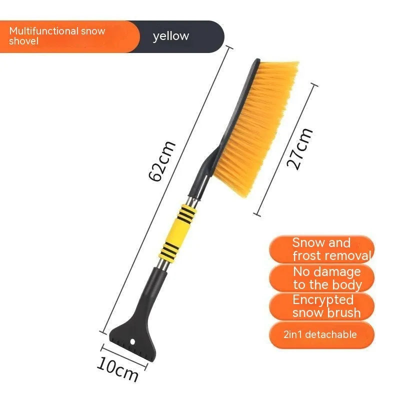 Yellow telescopic car snow scraper brush with thickened plastic snow ploughing blade for winter defrosting