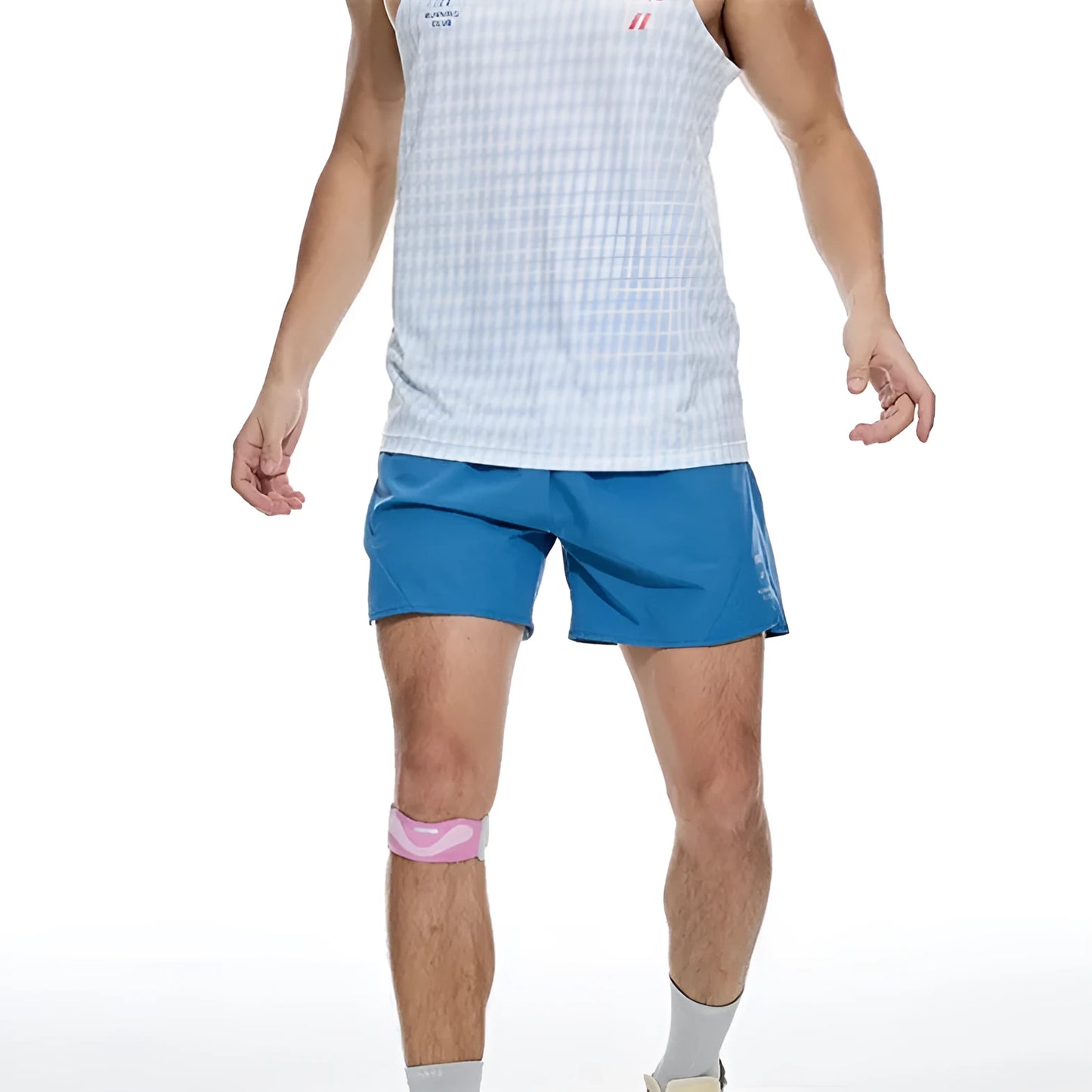 Men's black and blue stretch running shorts with laser punch stitching detail on the legs.