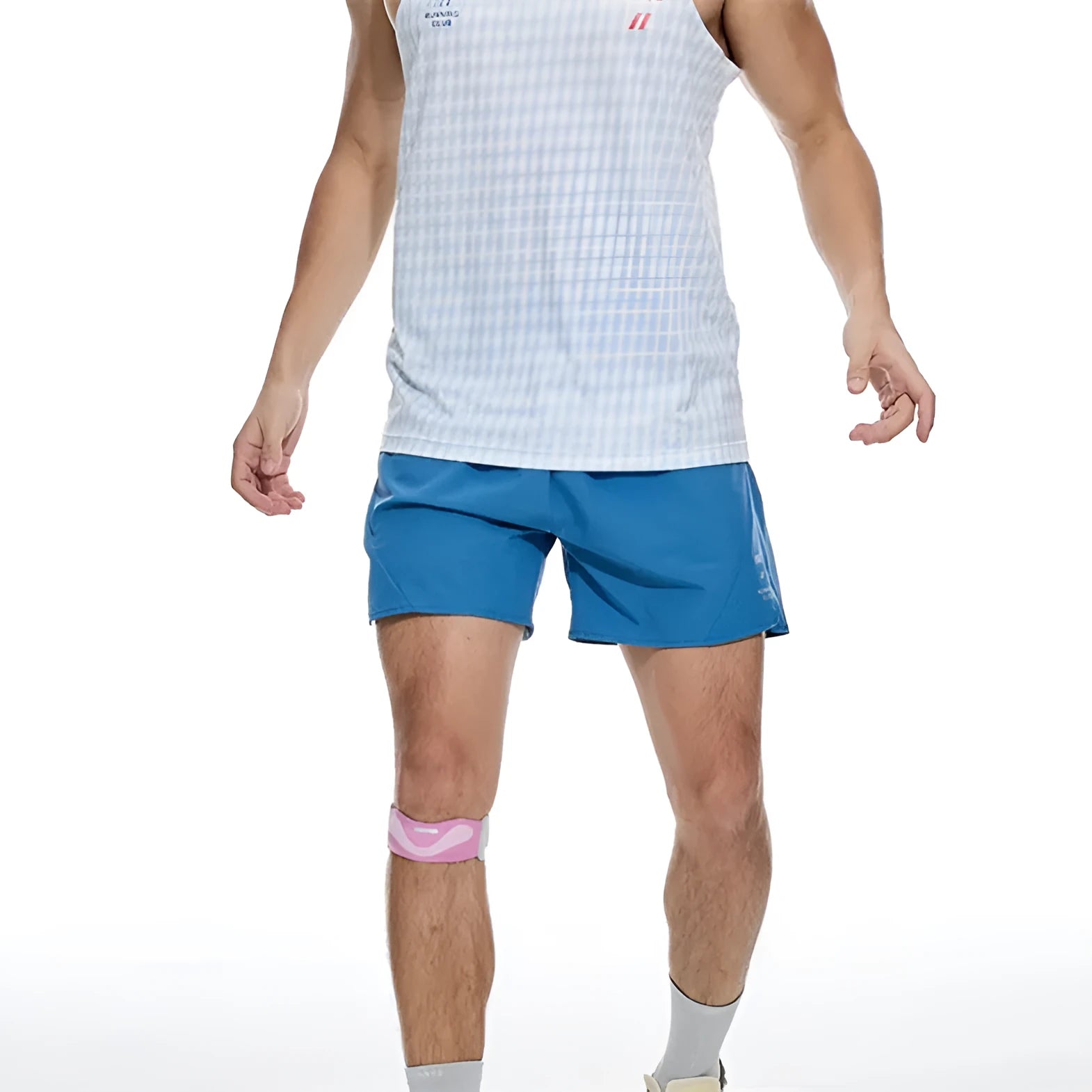 Men's black and blue stretch running shorts with laser punch stitching detail on the legs.