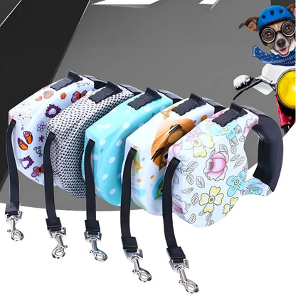 Automatic retractable dog leash, 5 m long, 1 cm wide, plastic, in a choice of printed designs