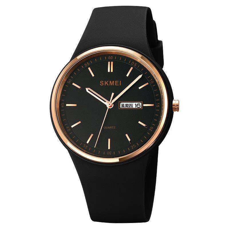 Women's quartz watch with a silicone strap and calendar on a 42mm white dial.