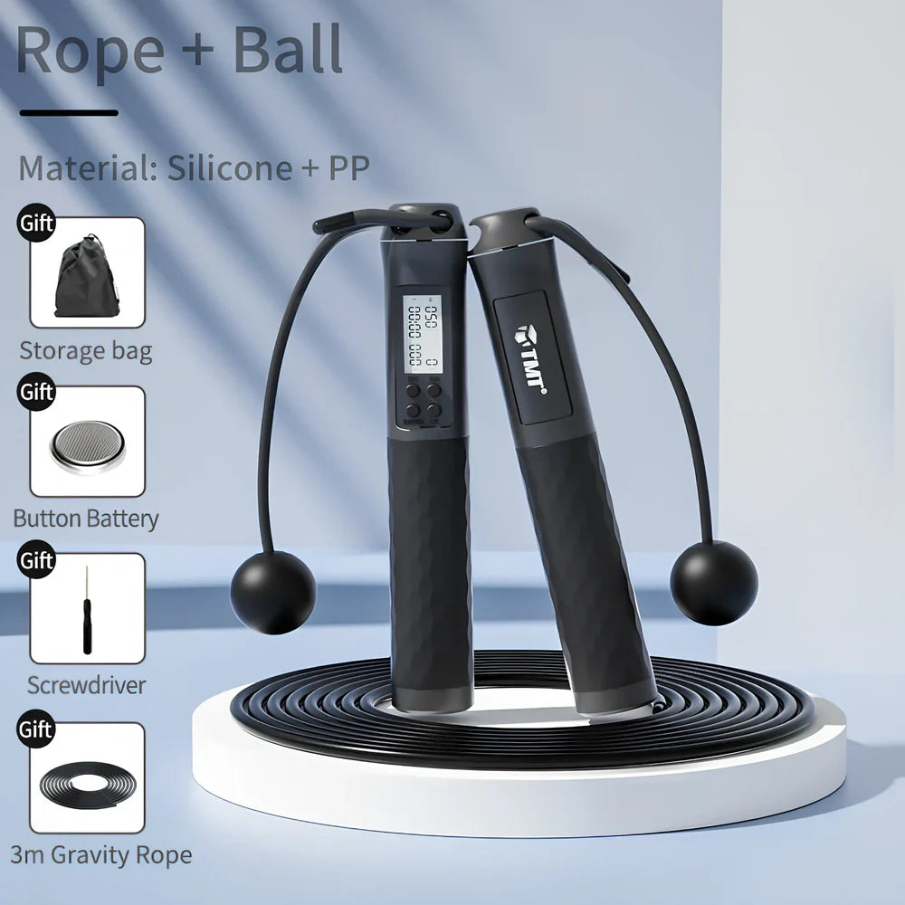 Digital counter jumping rope with adjustable length and silicone grips in black, blue, or pink colours