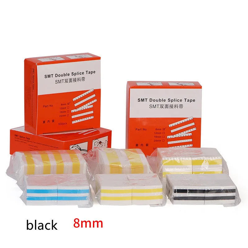 Box of SMT double-sided splicing tape on a factory bench, showing yellow tape in 8mm, 12mm, 16mm and 24mm widths.