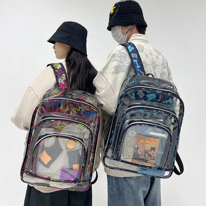 Transparent PVC waterproof backpack with a coloured inner voile bag, shown in various colours.