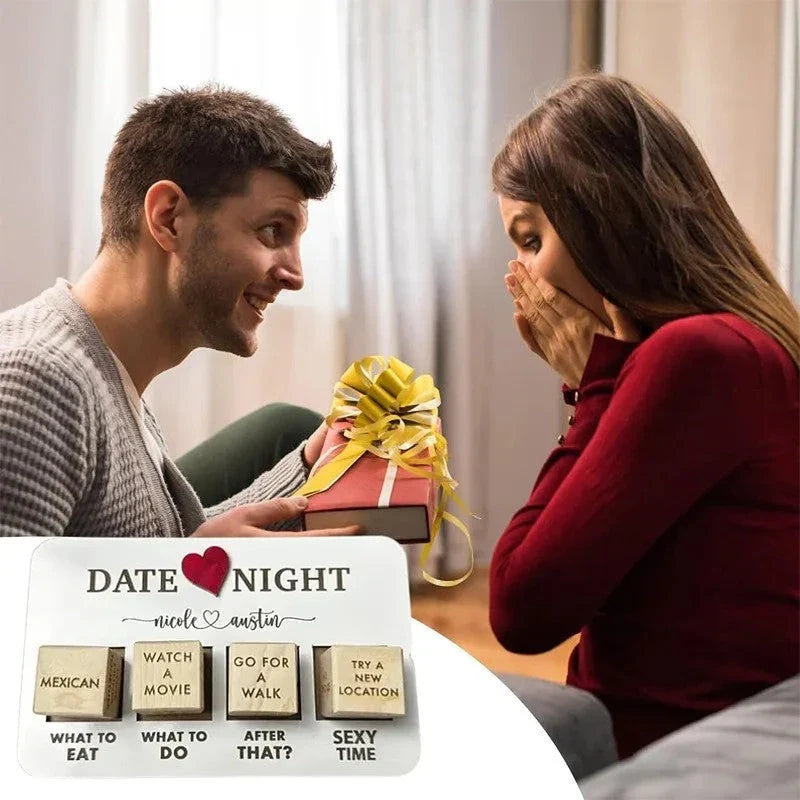 Romantic wooden date night dice set with customizable prompts for couple's adventures