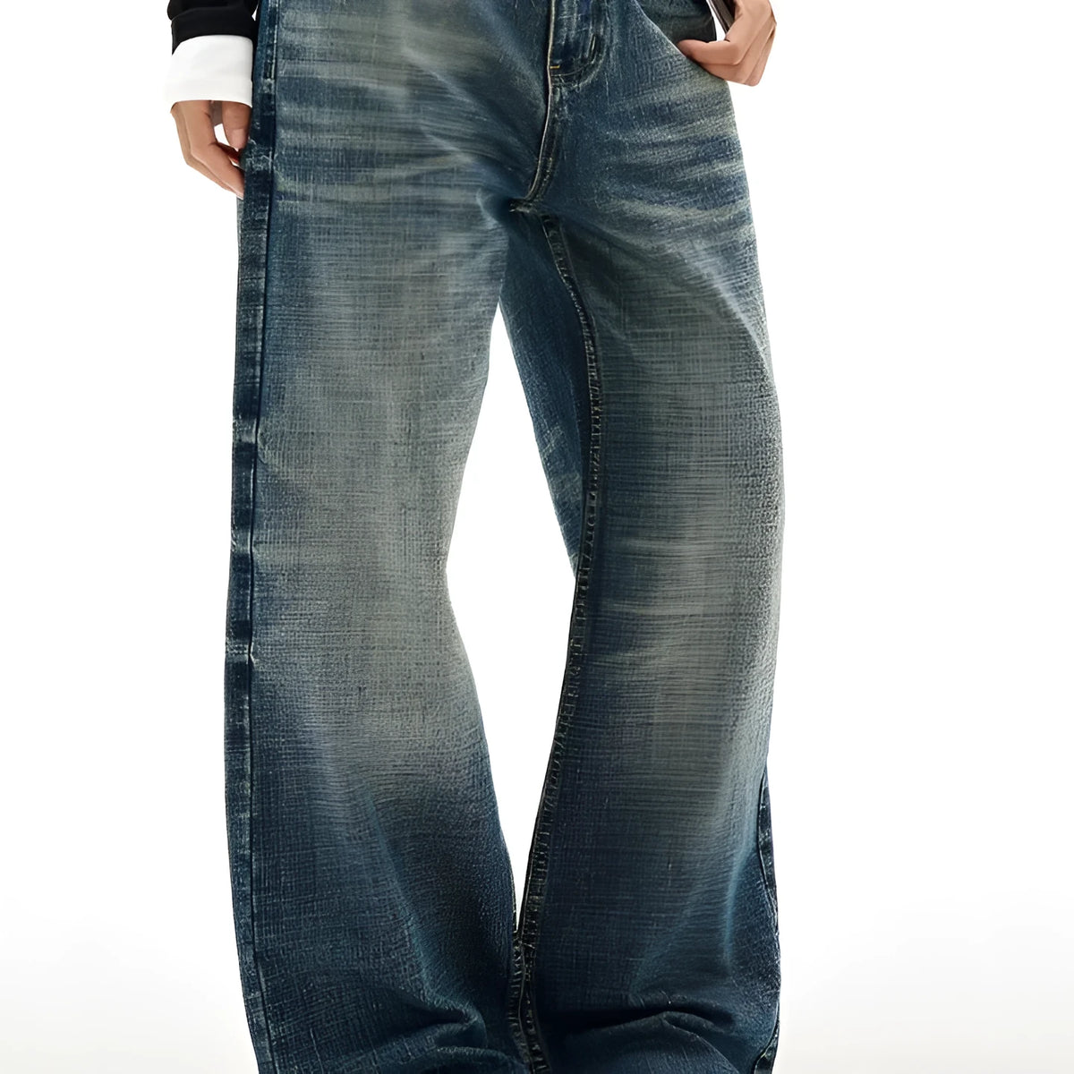 Men's wide leg mid waist jeans in dark blue denim with straight loose cut and distressed cat beard detail