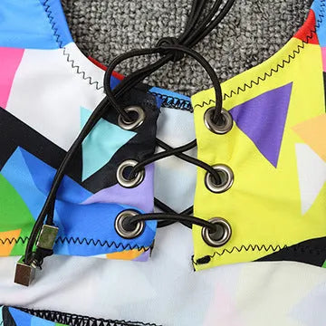 Women's checkered multicolor bikini with cross strap top and fishnet high waist briefs